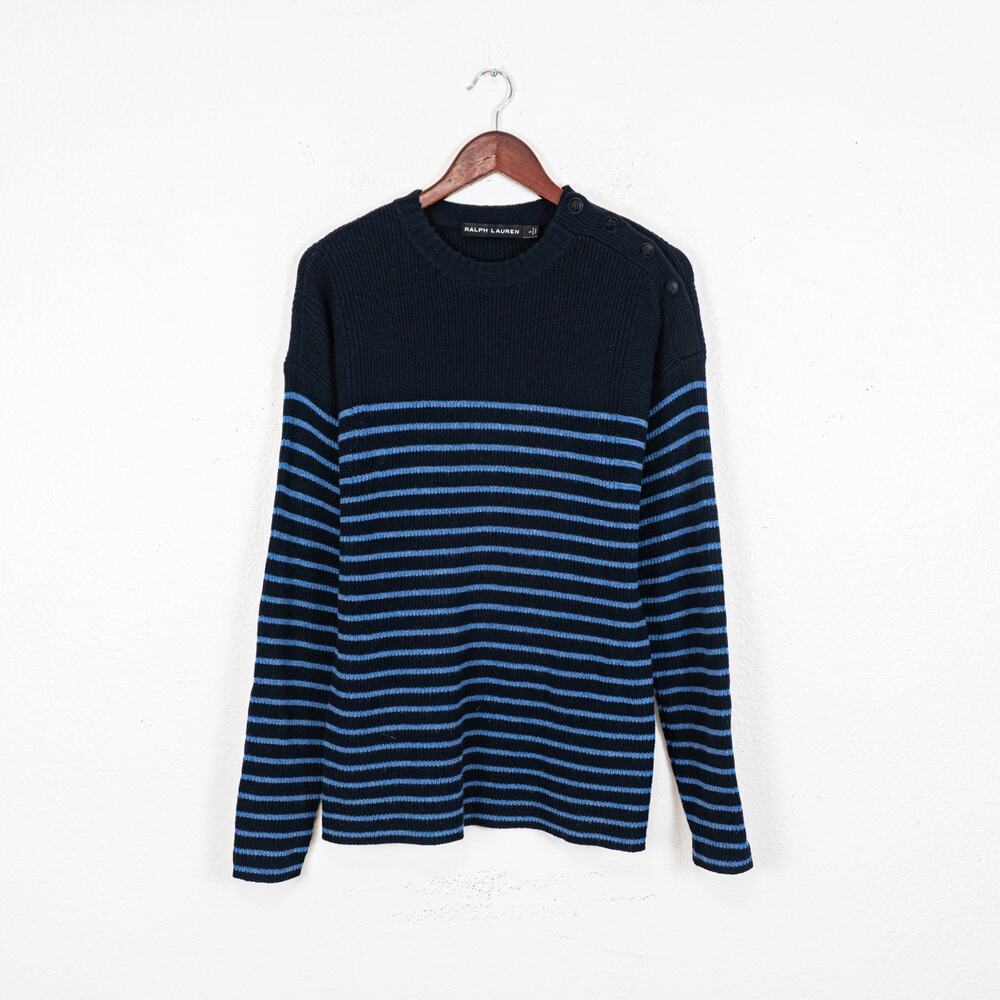 Ralph Lauren Black Label Wool Cashmere Stripe Sweater Shoulder buttons sz Large